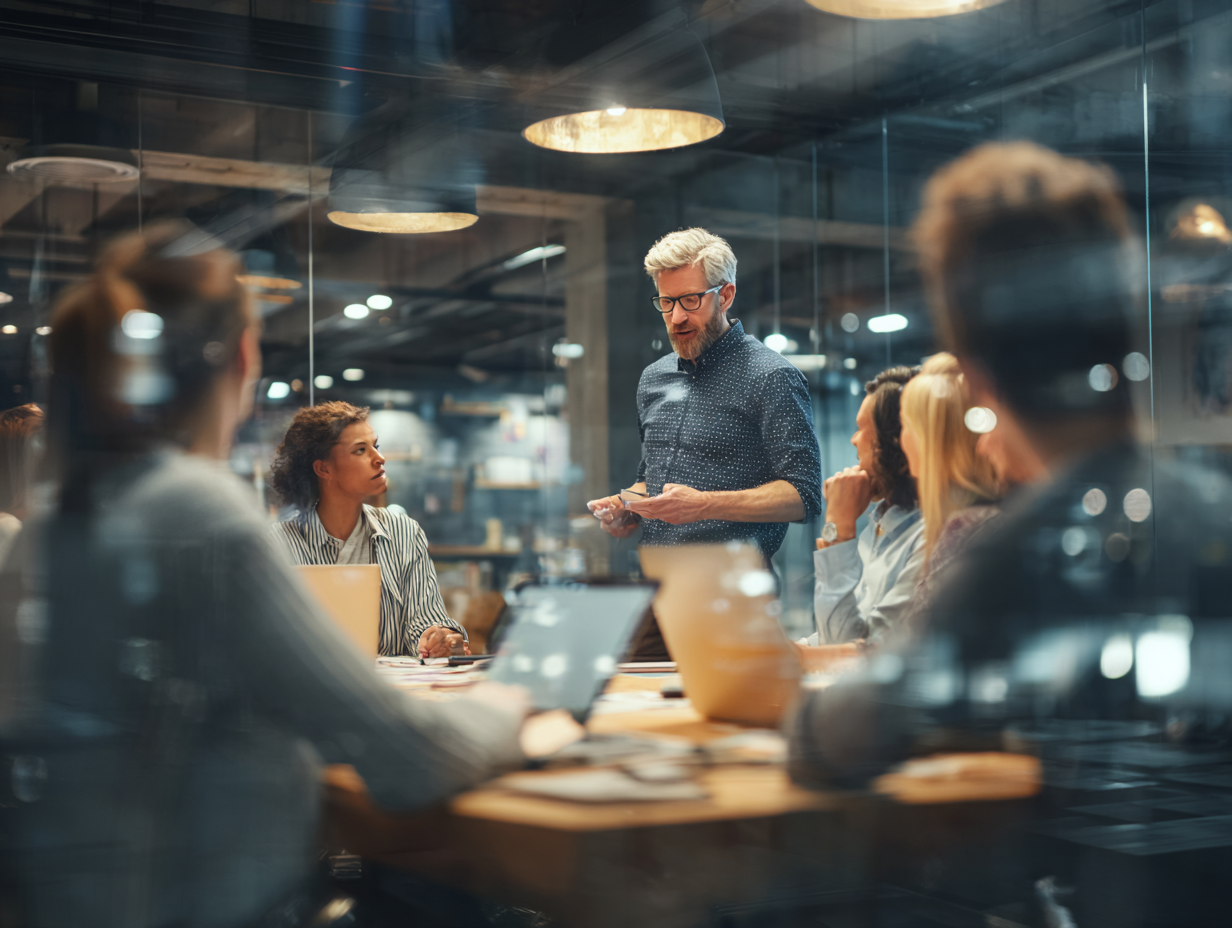 Developers collaborating in front of dashboards